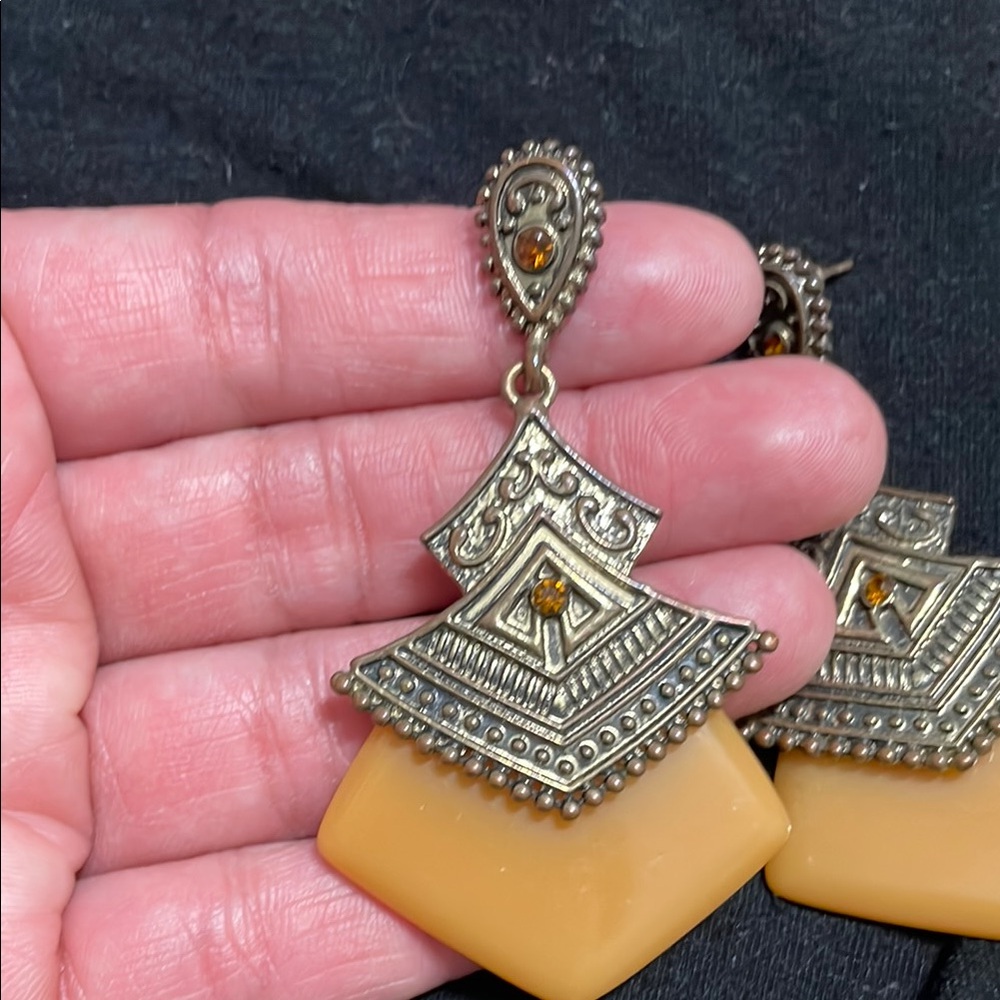 Geometric Gold and Tan Drop Earrings